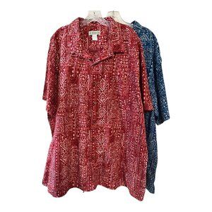 Haband Men’s 3X Short Sleeve Button Front Shirt – Red & Blue Tribal Geometric Pr